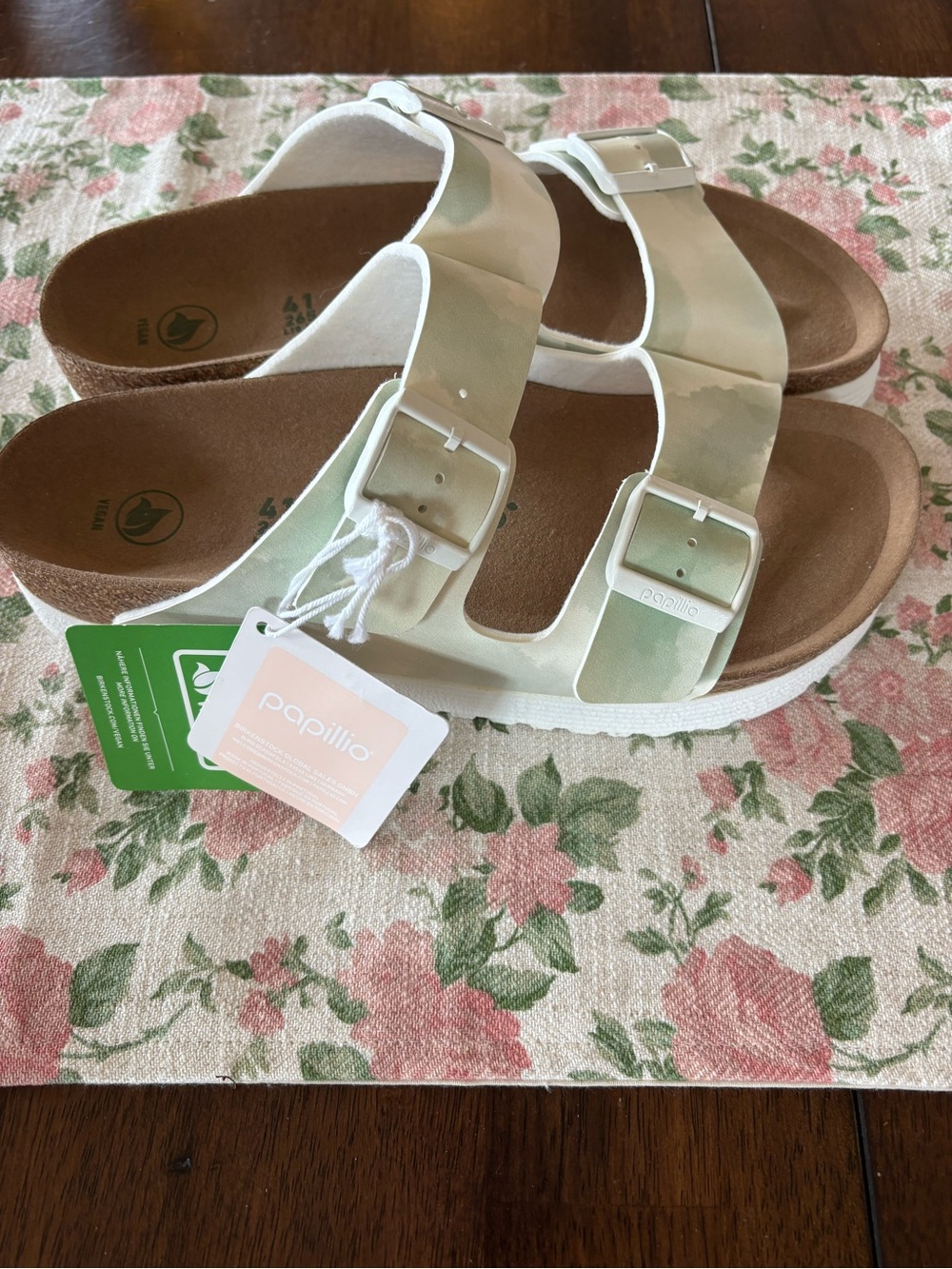 Birkenstock Papillio Double-Buckle Slides in Sage Green and White